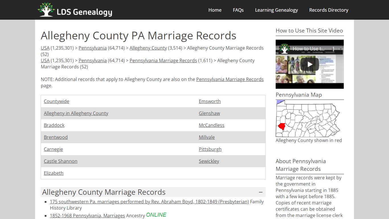 Allegheny County PA Marriage Records - LDS Genealogy